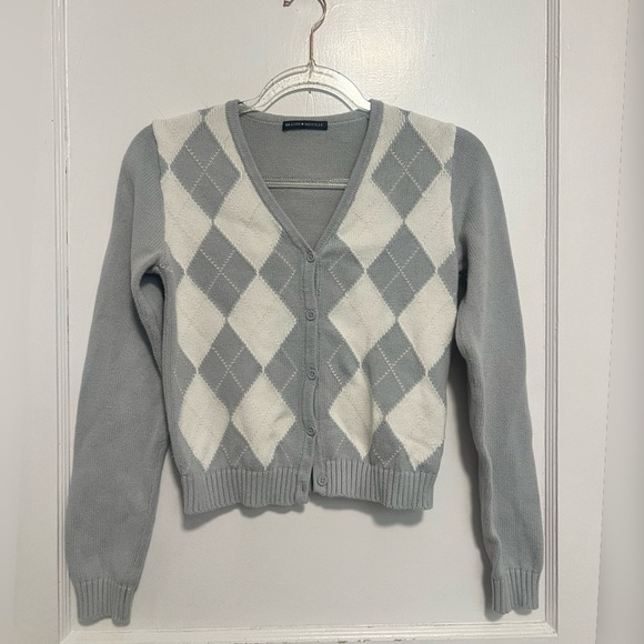 Brandy Melville Argyle Cropped Cardigan Sweater V Neck 90s Y2K TRENDING - Picture 1 of 4